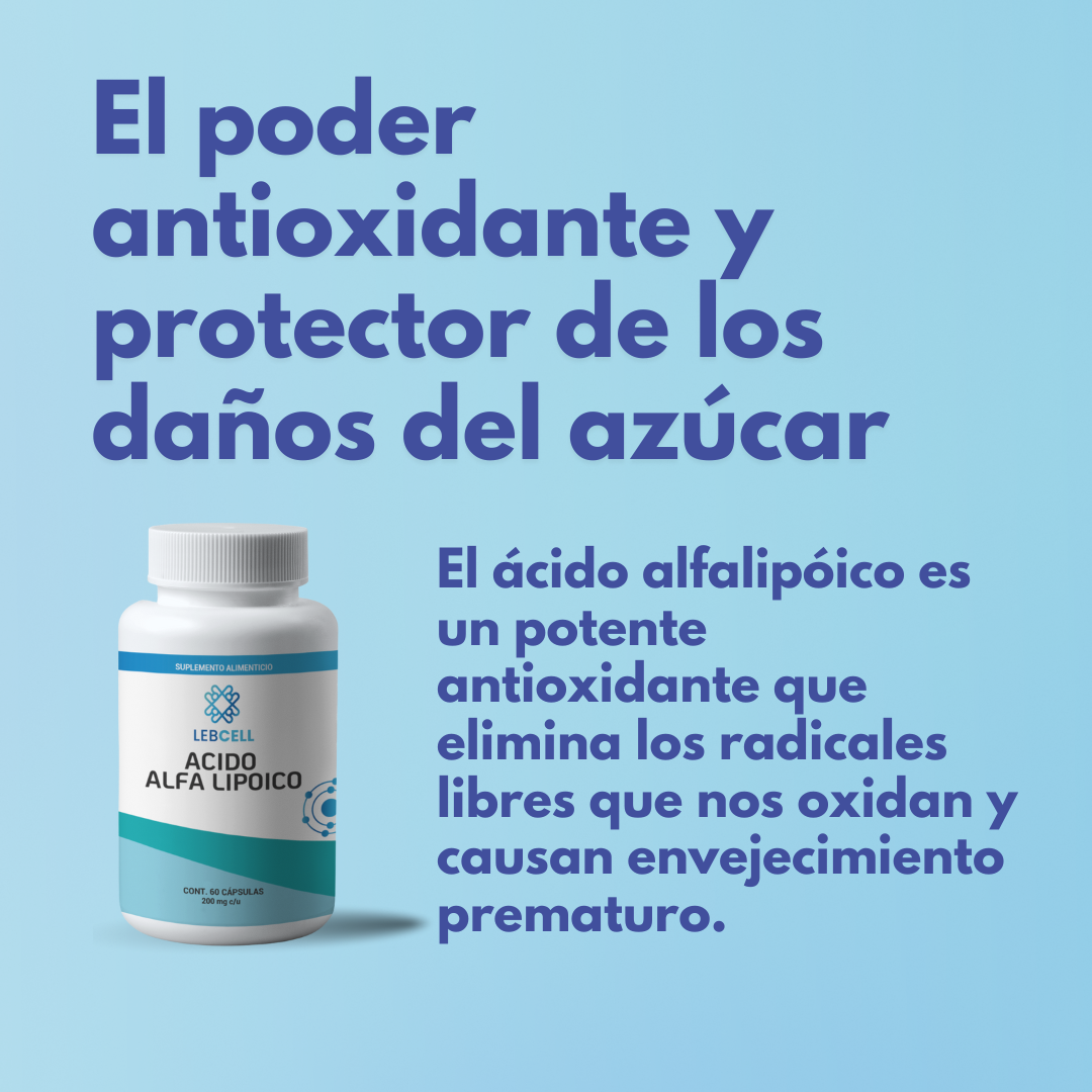 Frasco con Ácido Alfa Lipoico sobre fondo azul y letras que explican los beneficios del combo bienestar