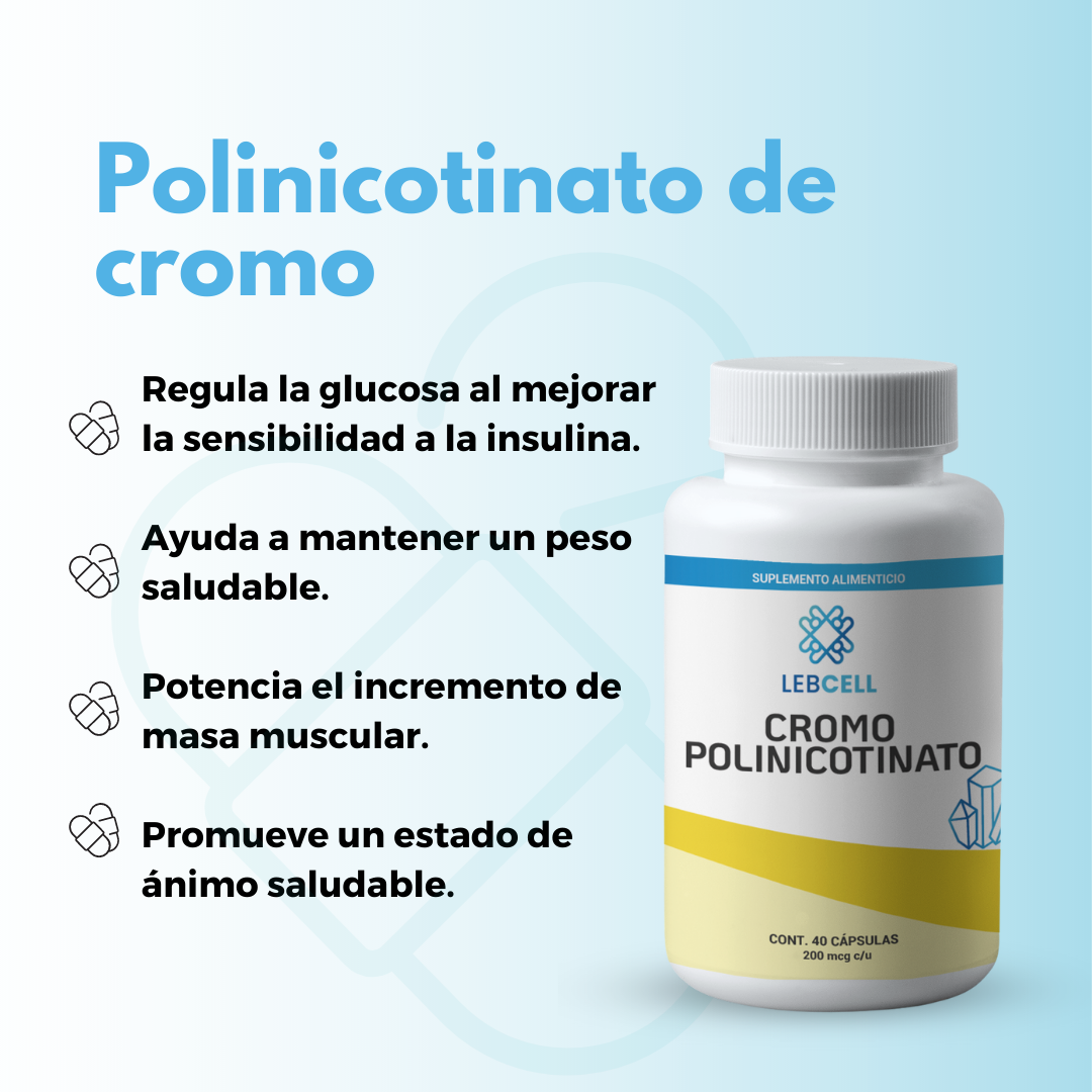 Frasco con Picolinato de Cromo sobre fondo azul y letras que explican los beneficios del pack hígado de Lebcell
