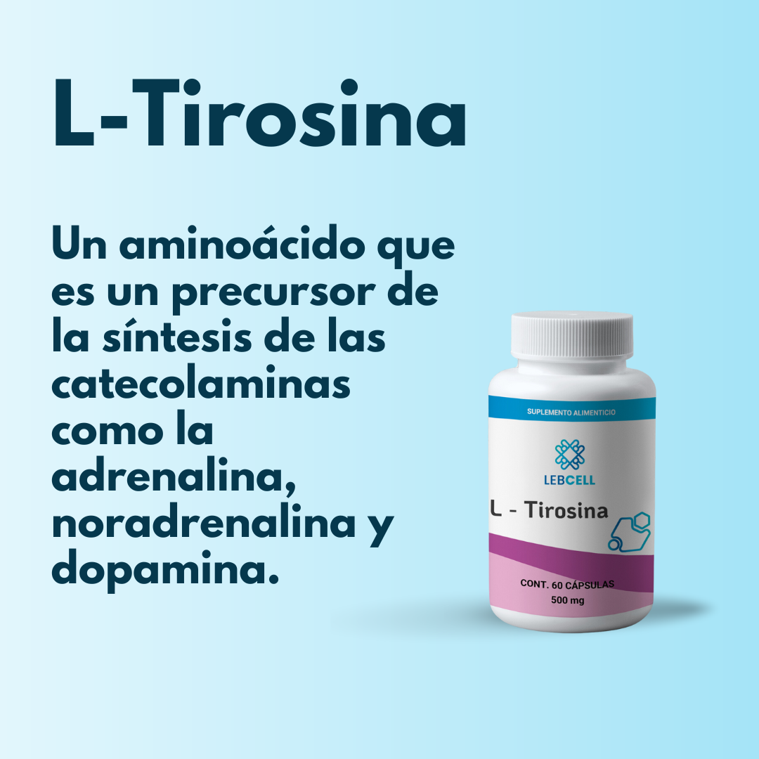 Frasco de L-Tirosina de color blanco con etiqueta en color morado de la marca Lebcell parte del pack tiroides x4