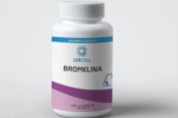 Frasco blanco de Bromelina con etiqueta morada, enzima completo de los probióticos