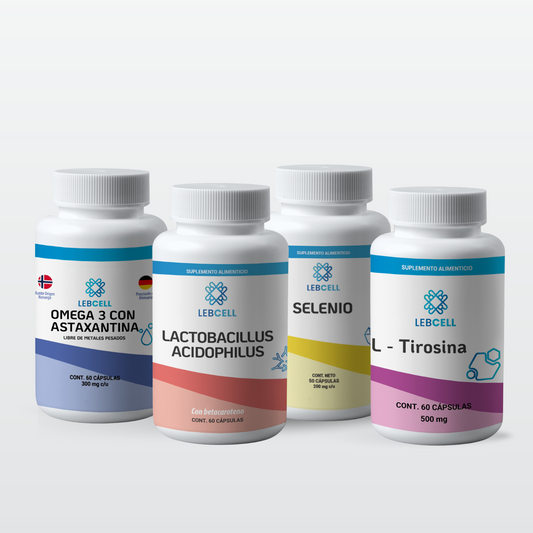 Pack Tiroides x4, frascos blancos de Omega 3 con astaxantina, lactobacillus acidophilus, selenio y L-Tirosina