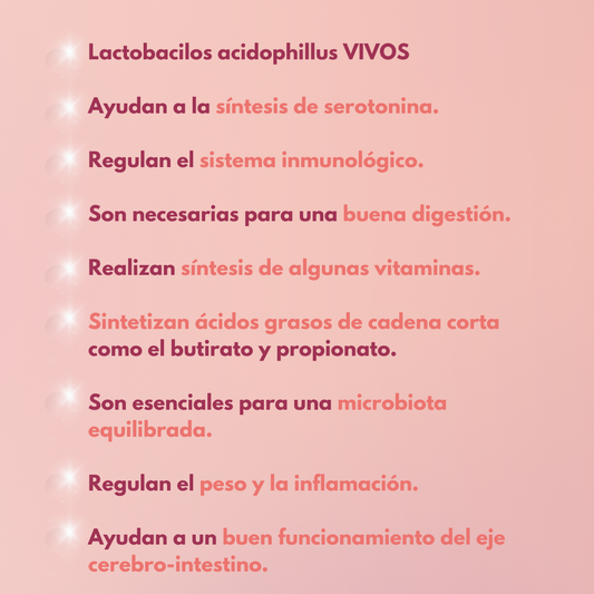 2. Información de Lactobacillus Acidophilus Vivos de Lebcell sobre fondo rosa con blanco y letras en dos tonos de rosa