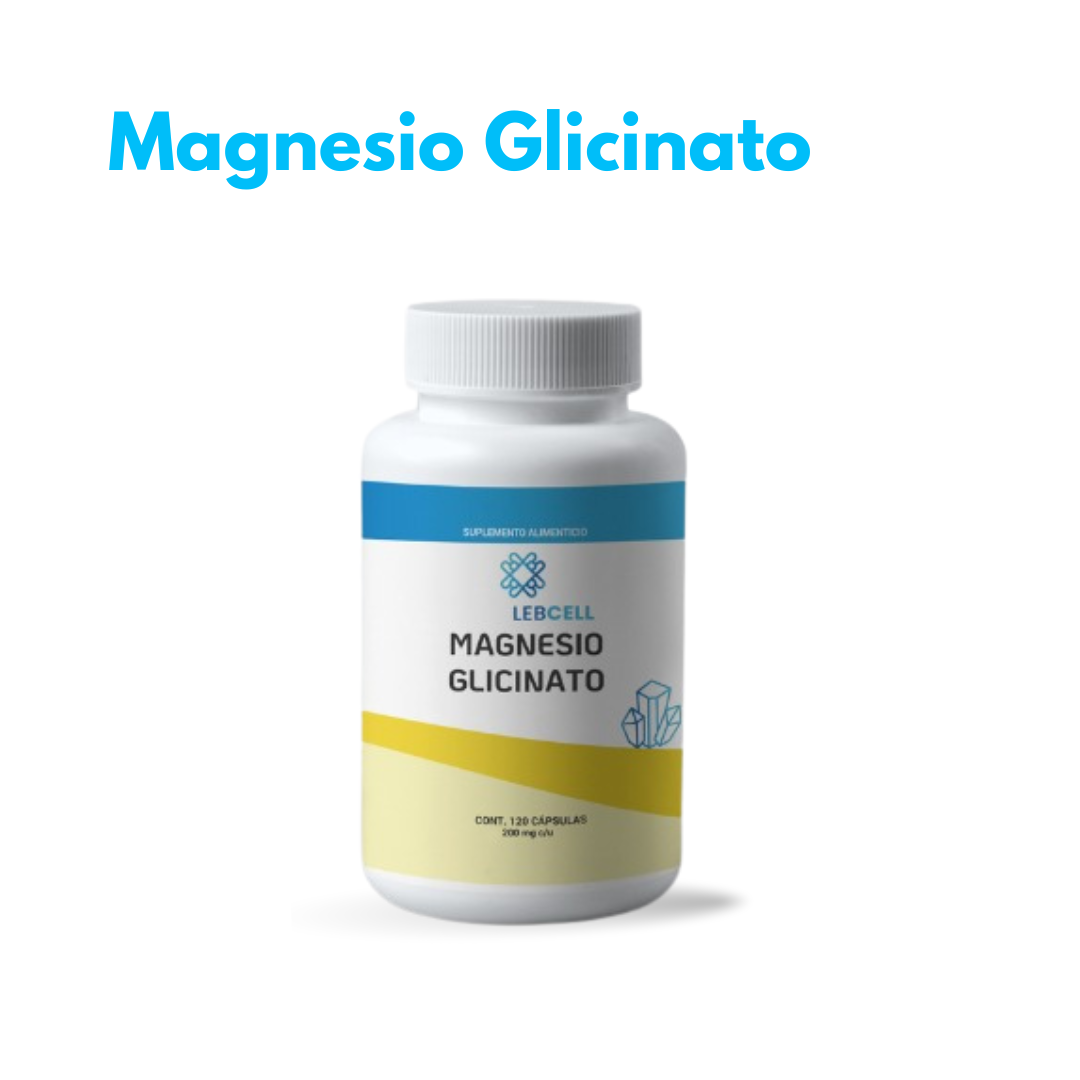 Frasco de Magnesio Glicinato de color blanco con etiqueta en color amarillo con azul de la marca Lebcell