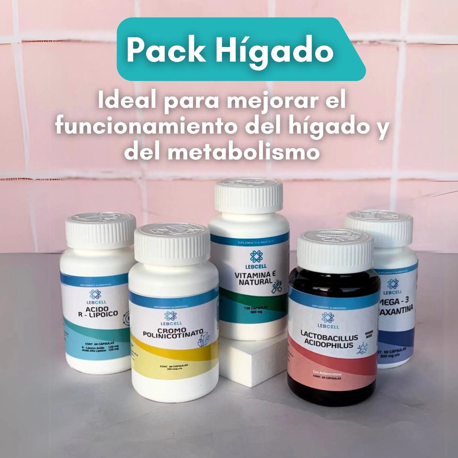 Frascos de suplementos Lebcell  de color blanco sobre un fondo rosa para personas que se preguntan que suplementos tomar para el higado graso​ 