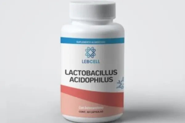 Frasco blanco de probióticos Lebcell con una etiqueta rosa que dice “lactobacillus acidophilus”