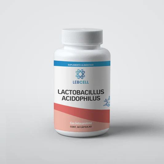 Frasco blanco de probióticos Lebcell con una etiqueta rosa que dice “lactobacillus acidophilus”