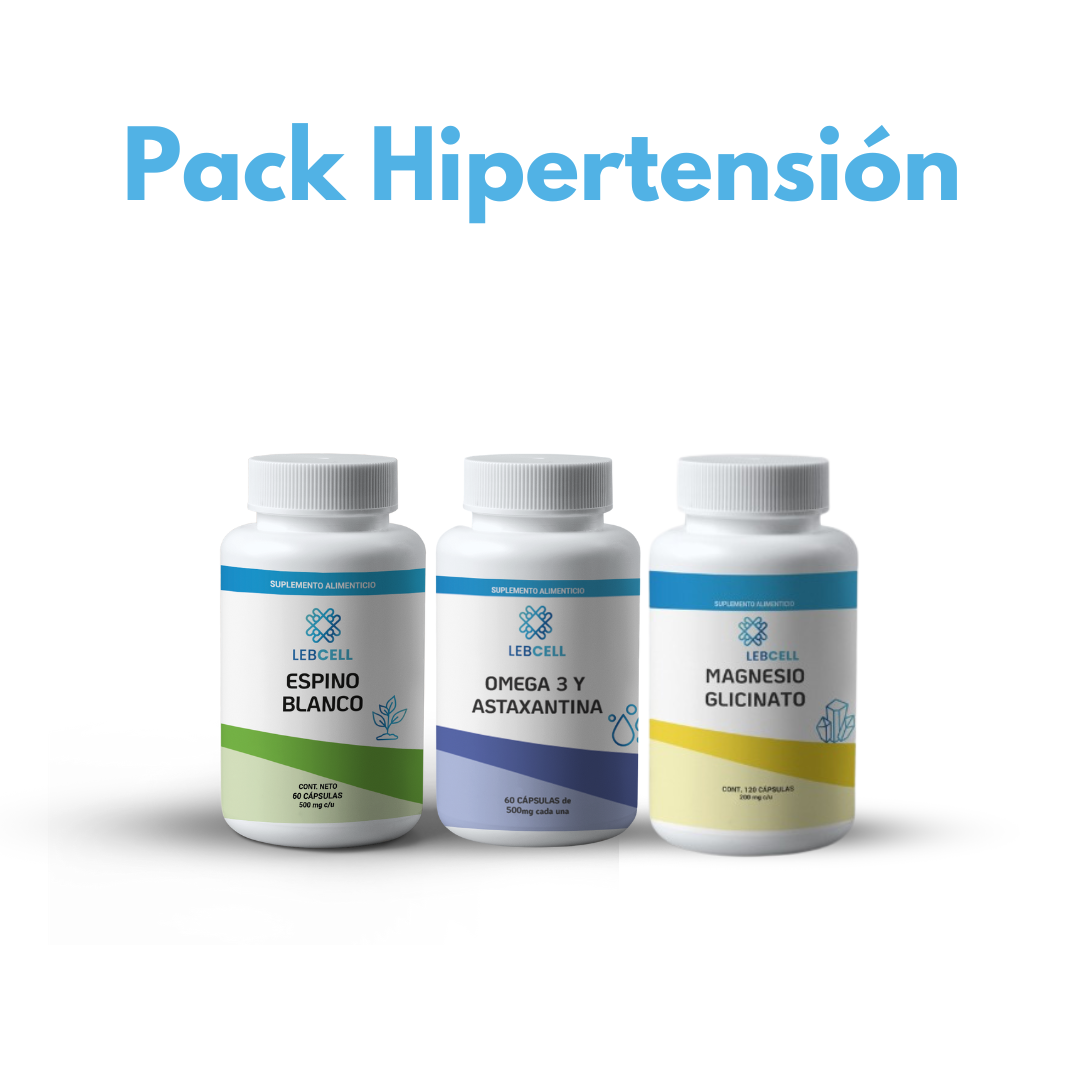 Pack Hipertensión; Vista de tres frascos de suplementos alimenticios.
