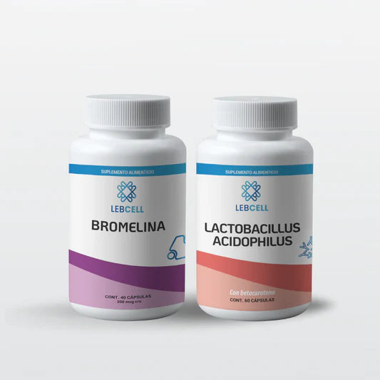 Dos frascos blancos con etiquetas morada y rosa que forman parte del pack microbiota, uno de los frascos es un probióticos 