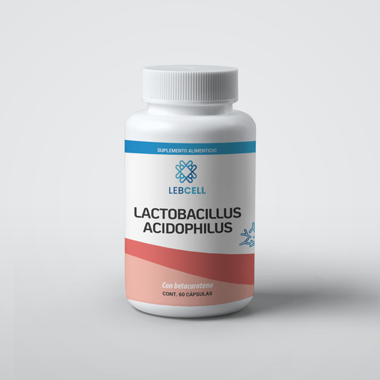 Lactobacillus acidophilus vivos; Frasco de un suplemento alimenticio.